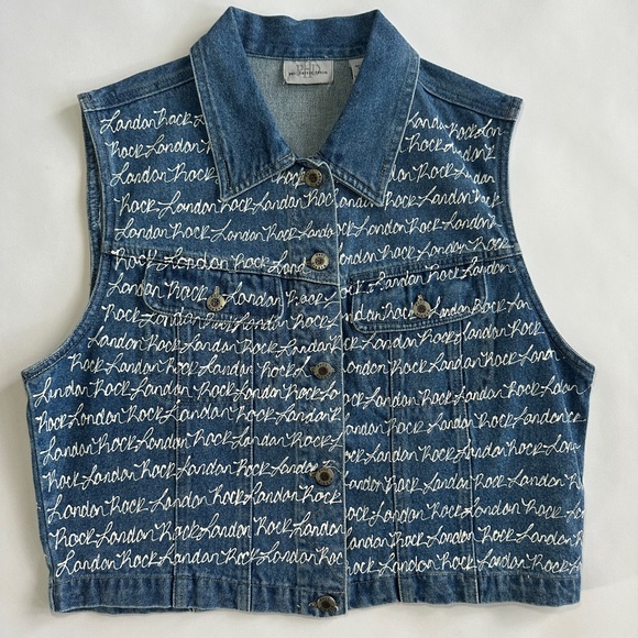 LONDON ROCK UPCYLED HANDPAINTED VINTAGE PAUL HARRIS DENIM VEST SZ L - Picture 2 of 6